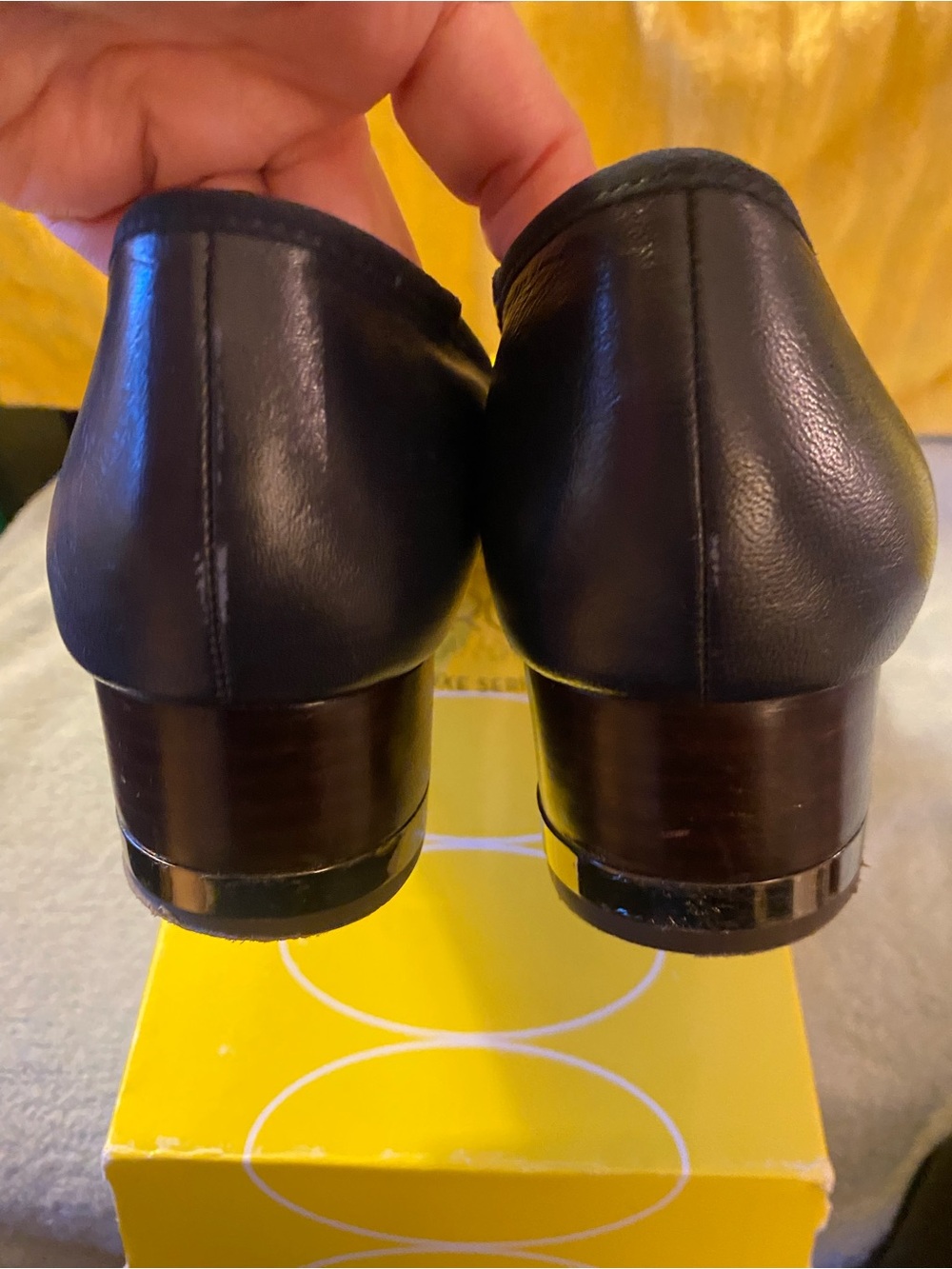 Classic Navy Women's Leather Pumps - Sleek Square Toe Gold Heel Accent - Picture 4 of 6